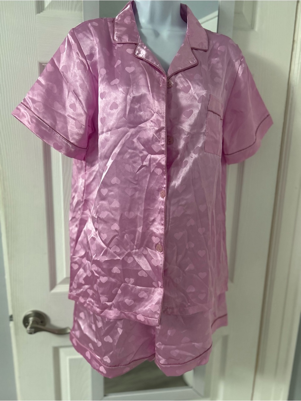 Satin Short Pajama Set with Heart Jacquard - Pink